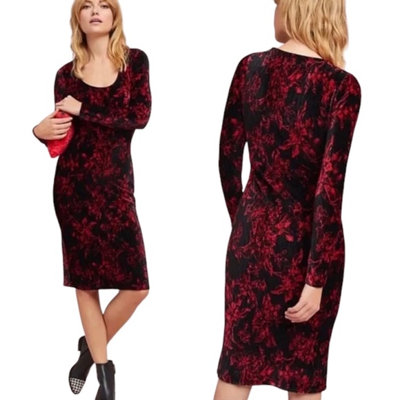 Anthropologie Pencil Dress Red Velvet HD Paris Dierdre Holiday Christmas Party M - Picture 1 of 9